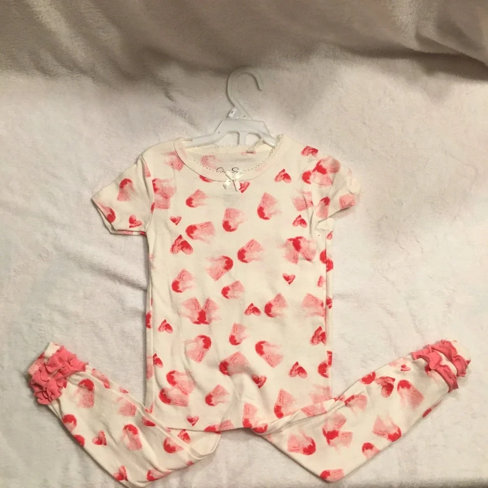 Jessica Simpson Pajama Set Girls Size 5 Cream Red Heart Print Excellent Ruffles